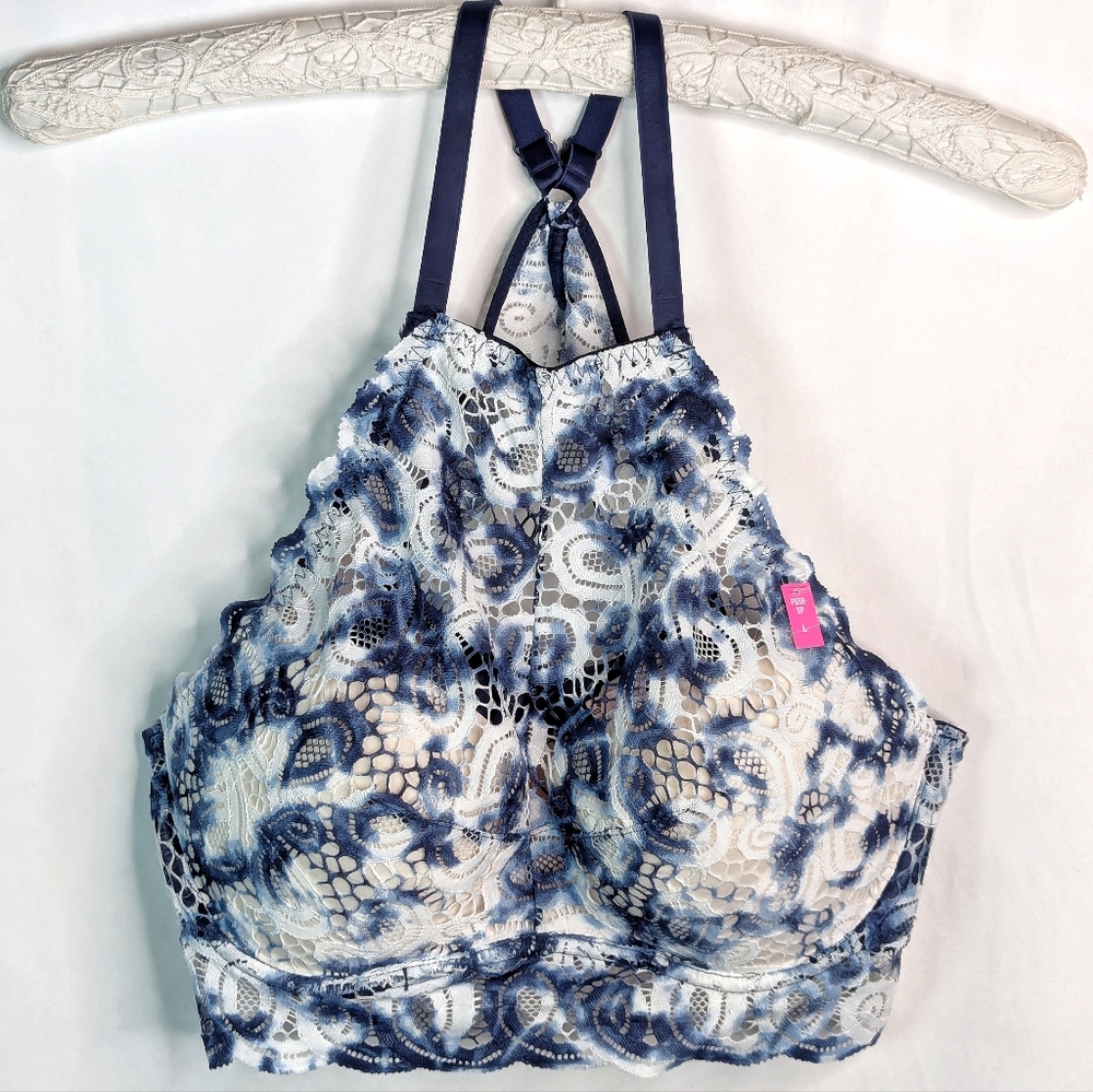 VS PINK Blue Tye Dye High Neck Crochet Lace Push Up Sports Bra